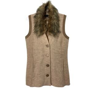 TRIBAL Sweater‎ Vest Womens Medium Beige Wool Knit Removable Faux Fur Collar